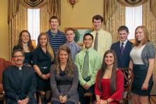 The University of Scranton awarded four-year, full-tuition Presidential Scholarships to 10 incoming students with exemplary records of high school achievement and community involvement. Seated from left are, University of Scranton President Kevin P. Quinn, S.J., and Presidential Scholars Katherine Fields and Catherine Thurston. Standing from left are Presidential Scholars Michelle Graham, Victoria Wrightson, Joseph Breslin, Dustin Frisbie, Joshua Ray Jimenez, Benjamin Turcea, Michael McCabe and Maria Cleary.